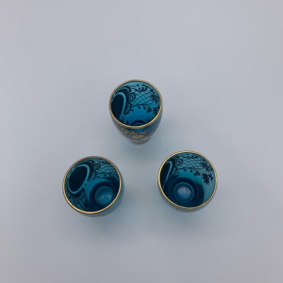 Vintage Set Of 3 Italian Murano Venetian Blue & Gold 2oz Shot Glasses Painted - Picture 6 of 8